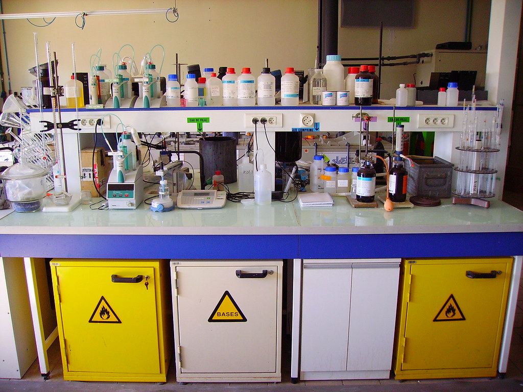 Bench and flasks in a chemistry laboratory